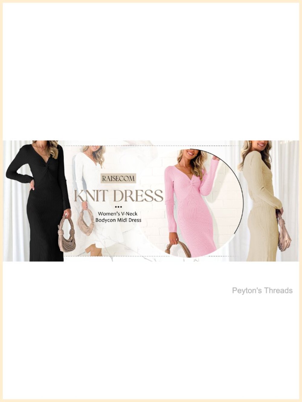 Women's Sweater Dress Long Sleeve V Neck Ribbed Knit Bodycon Midi - Picture 5 of 5